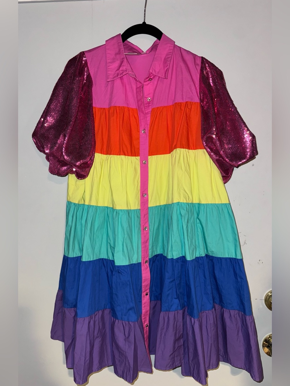 Queen of Sparkles Sequin Sleeve Rainbow Tiered Dress